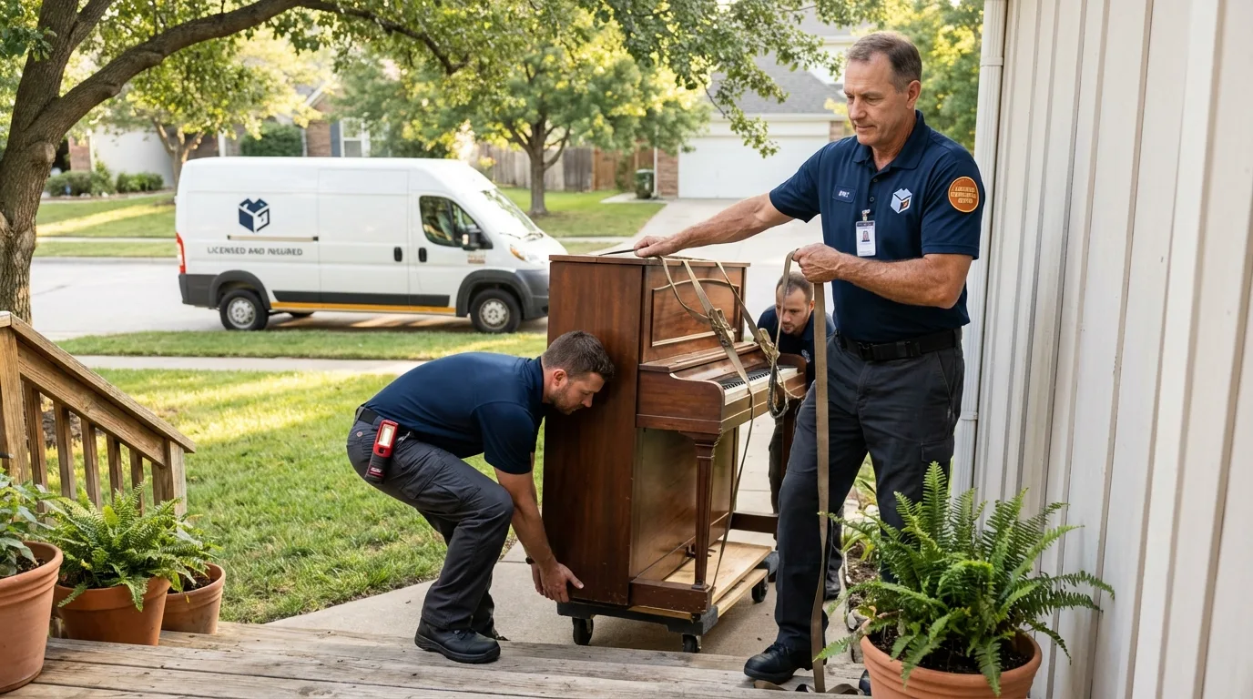 Licensed piano movers securing grand piano in Marlette, MI